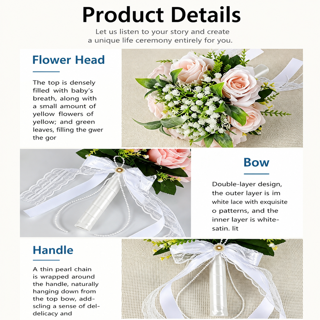 10.6" Artificial Rose Bridal Bouquet with Lace Ribbon & Pearl Handle – Wedding Bouquet for Bride, Ceremony & Photography