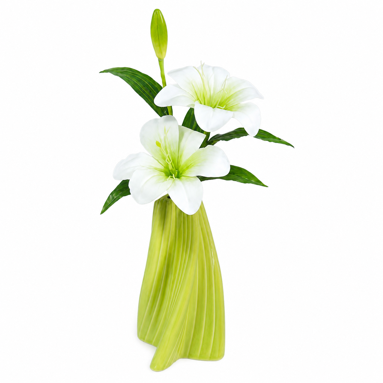 Artificial White Lily with Modern Green Vase – Elegant Home & Office Decor Gift