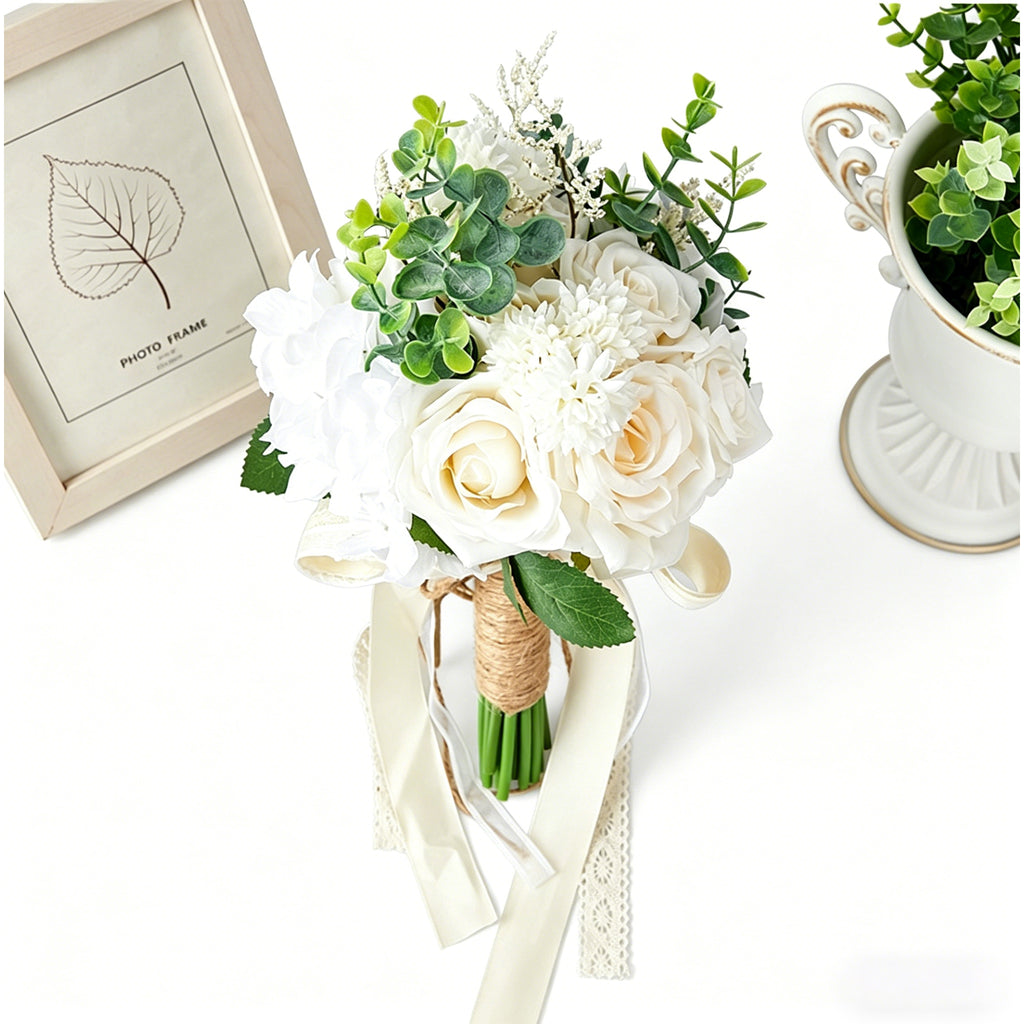 9.6"Artificial Bridal Bouquet, Ivory & Blush Pink Rose Wedding Flowers, Romantic Silk Flower Bouquet for Bride, Bridesmaid & Home Decor