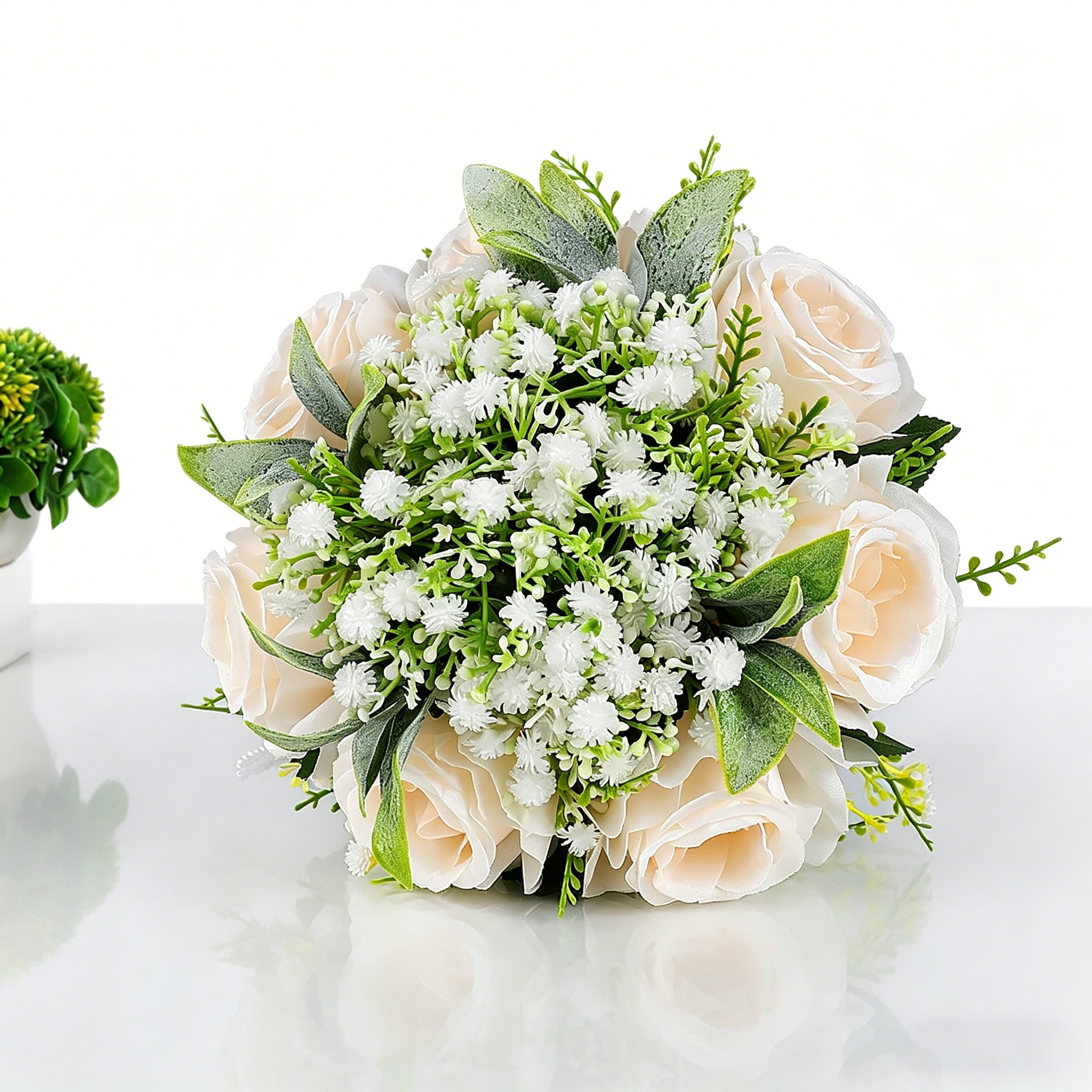 10.6" Artificial Rose Bridal Bouquet with Lace Ribbon & Pearl Handle – Wedding Bouquet for Bride, Ceremony & Photography
