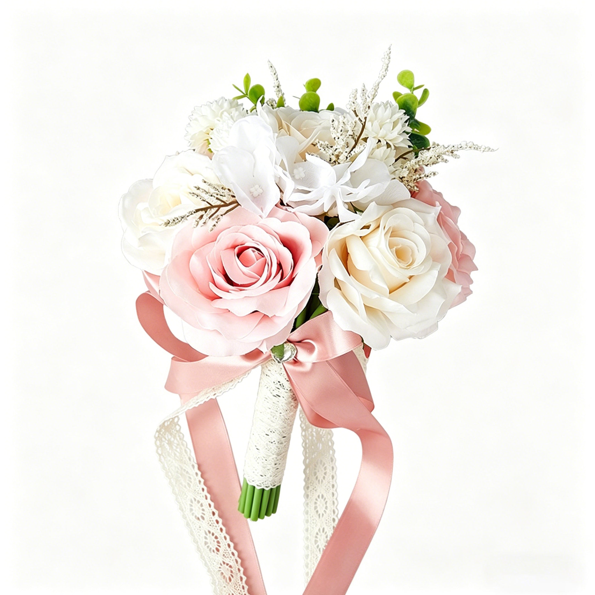 9.6"Artificial Bridal Bouquet, Ivory & Blush Pink Rose Wedding Flowers, Romantic Silk Flower Bouquet for Bride, Bridesmaid & Home Decor