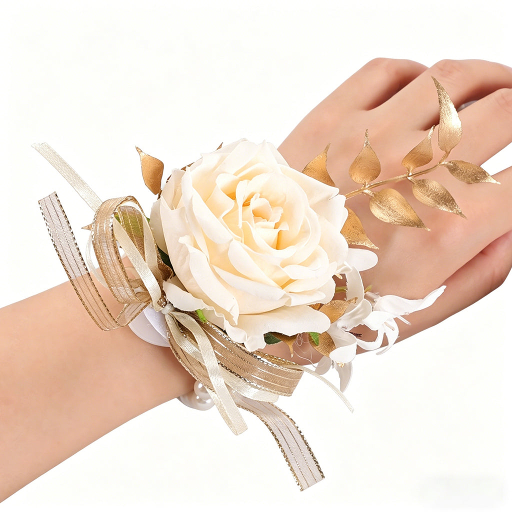 Elegant Ivory Rose Wrist Corsage Bracelet for Wedding – Pearl & Gold Leaf Floral Wrist Flower for Bride, Prom, Bridesmaid & Party Decoration