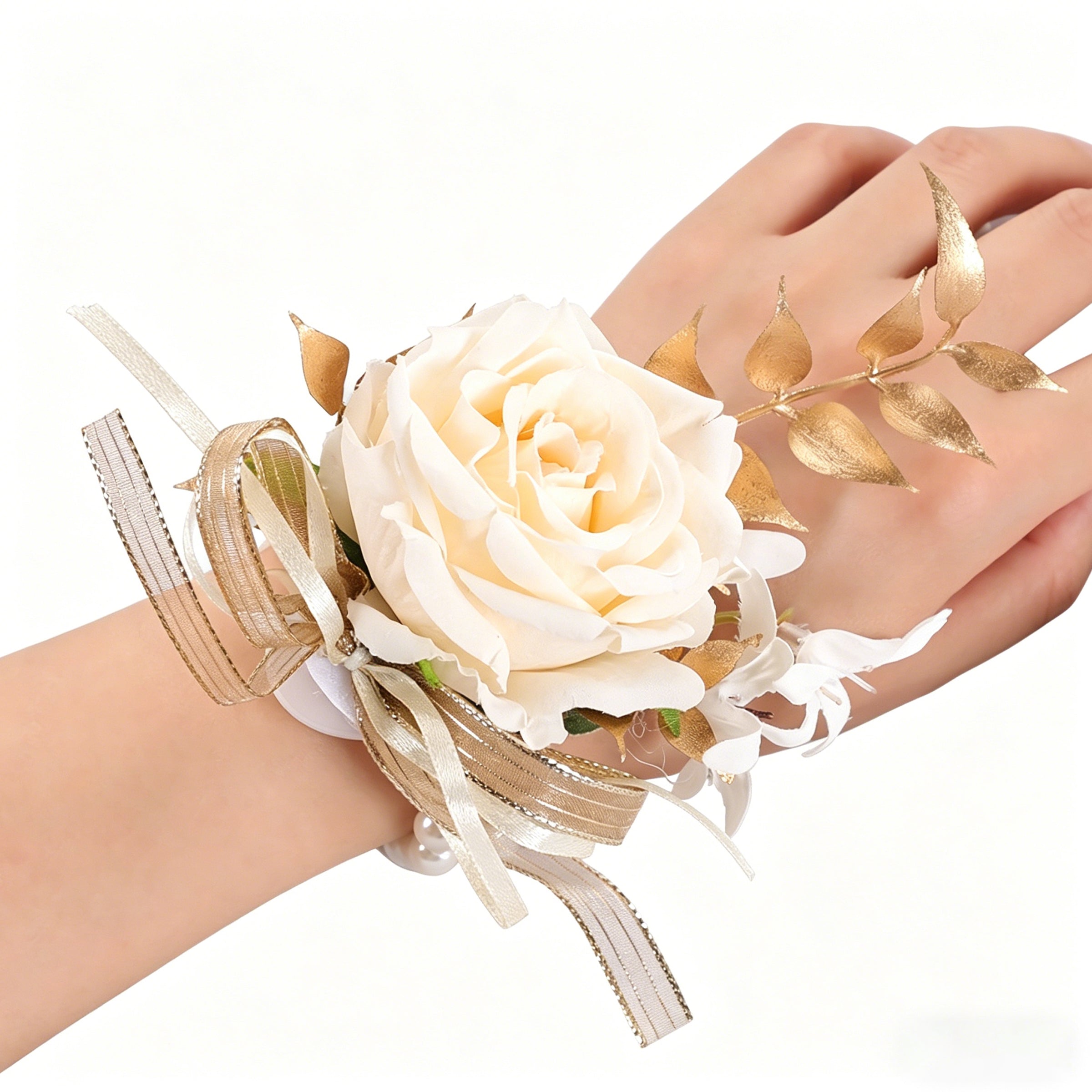 Elegant Ivory Rose Wrist Corsage Bracelet for Wedding – Pearl & Gold Leaf Floral Wrist Flower for Bride, Prom, Bridesmaid & Party Decoration
