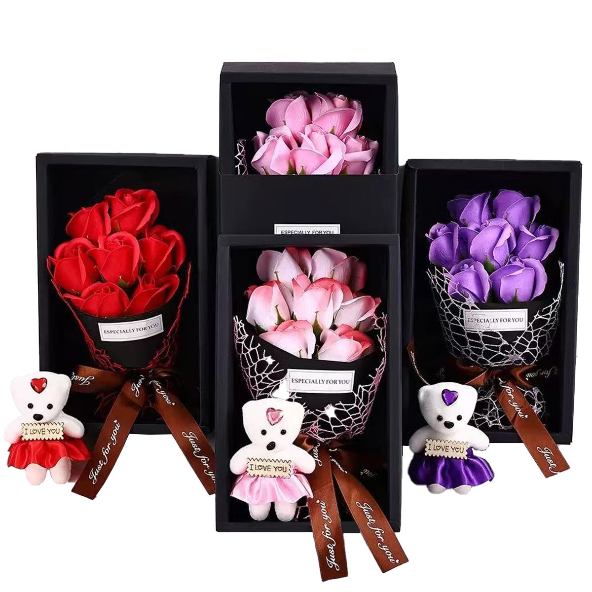 Artificial Rose Bouquet Gift Box with Cute Teddy Bear – Forever Fake Roses Flower for Valentine’s Day, Mother’s Day, Birthday, Anniversary, Home Decor