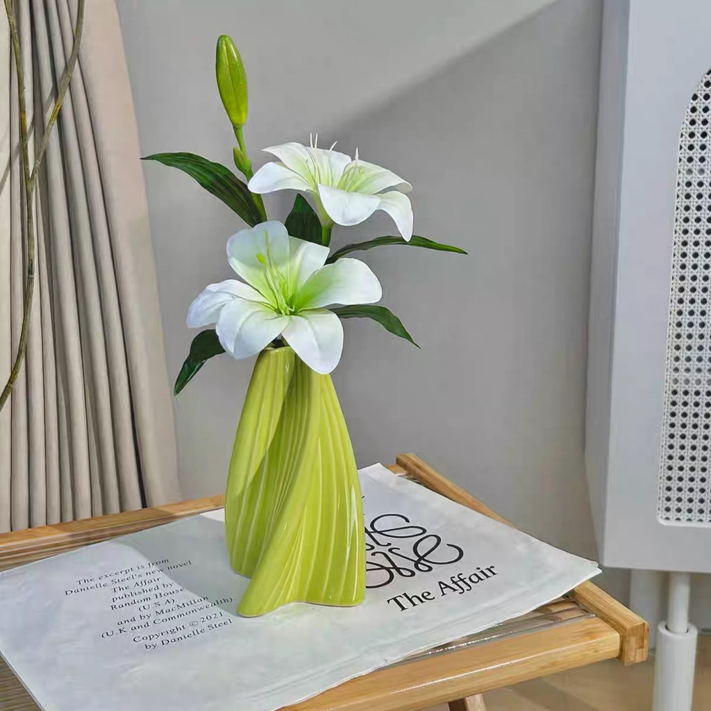 Artificial White Lily with Modern Green Vase – Elegant Home & Office Decor Gift