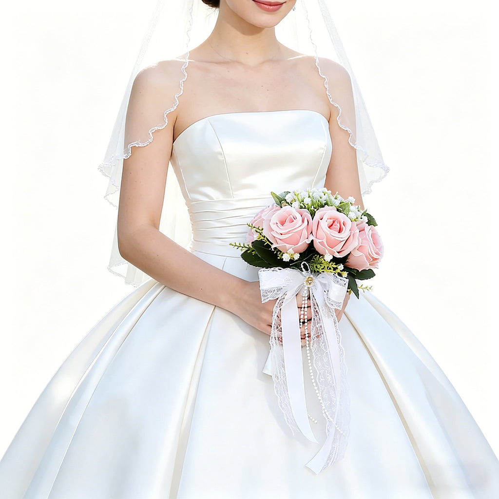 10.6" Artificial Rose Bridal Bouquet with Lace Ribbon & Pearl Handle – Wedding Bouquet for Bride, Ceremony & Photography