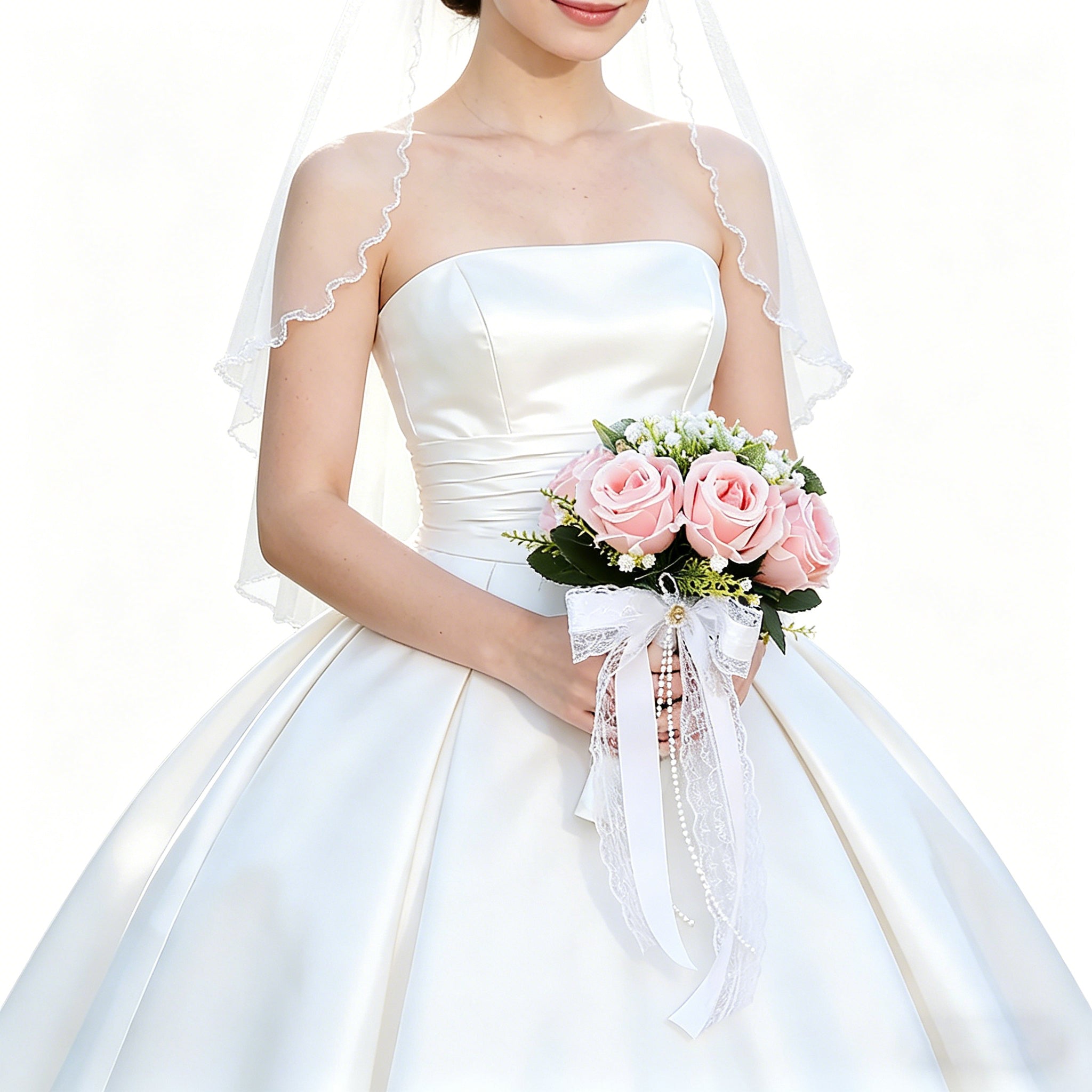 10.6" Artificial Rose Bridal Bouquet with Lace Ribbon & Pearl Handle – Wedding Bouquet for Bride, Ceremony & Photography
