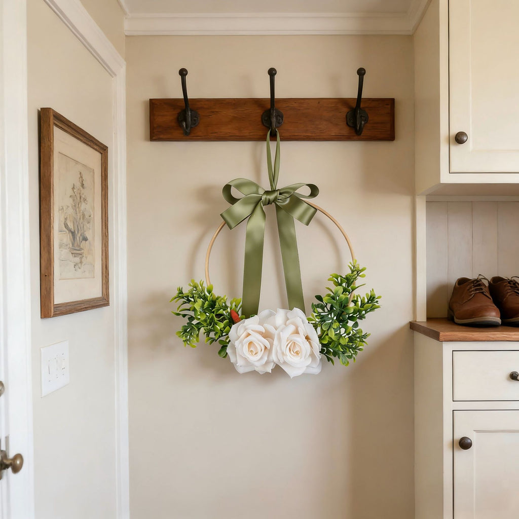 Romantic Floral Hoop Wreath | Artificial Rose Door Hanging Decor for Home