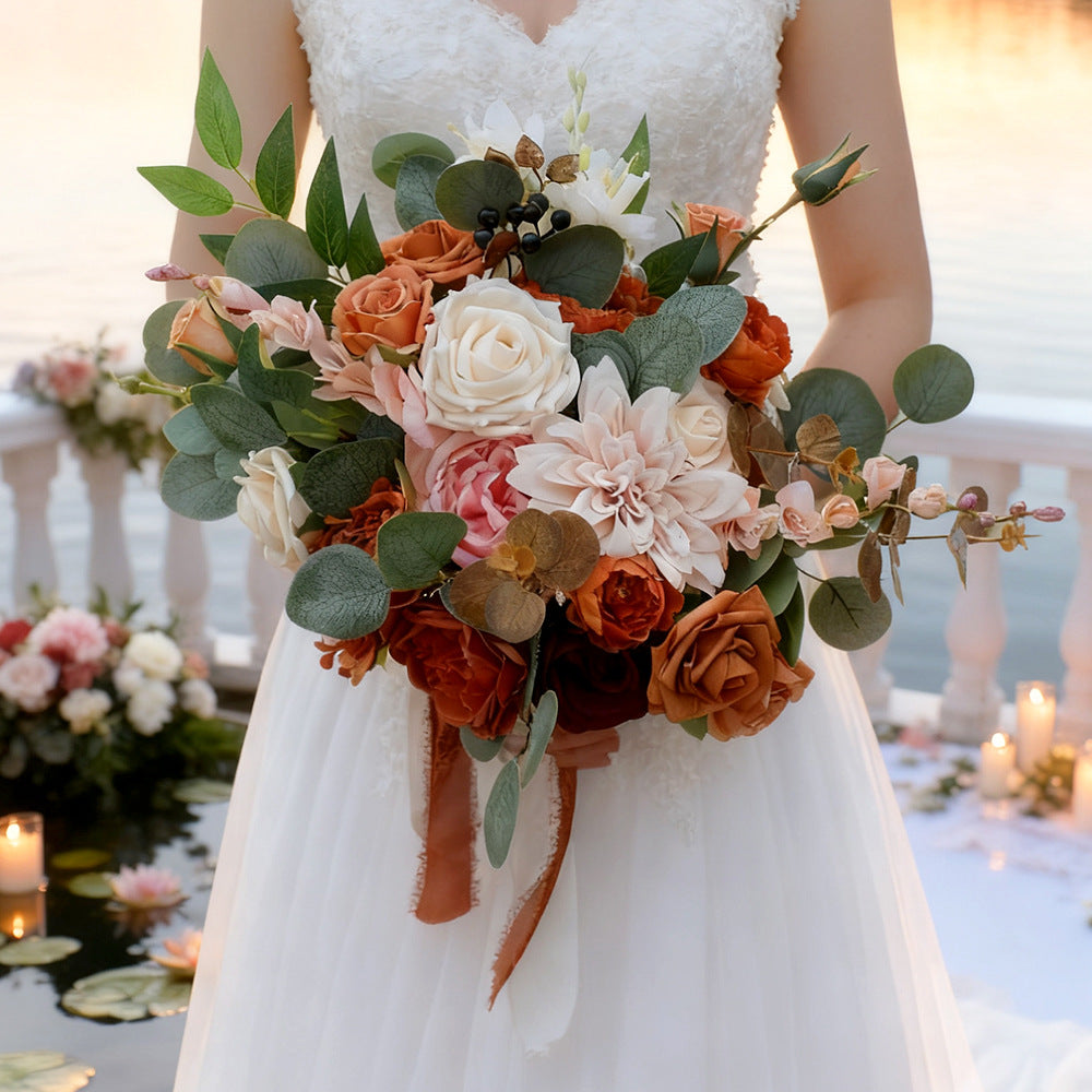 Bohemian Artificial Bridal Bouquet, Burnt Orange Rose & Dahlia, Wedding Faux Flowers
