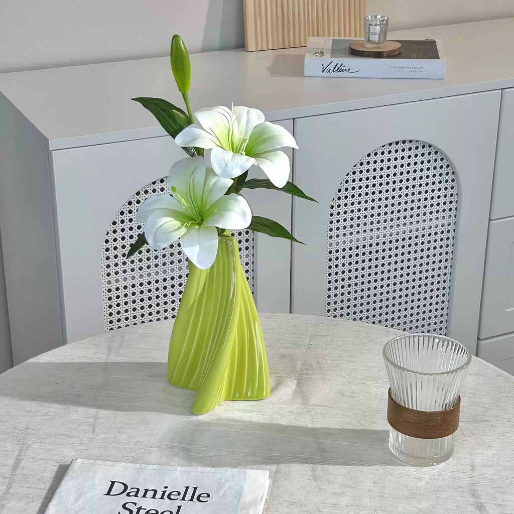Artificial White Lily with Modern Green Vase – Elegant Home & Office Decor Gift