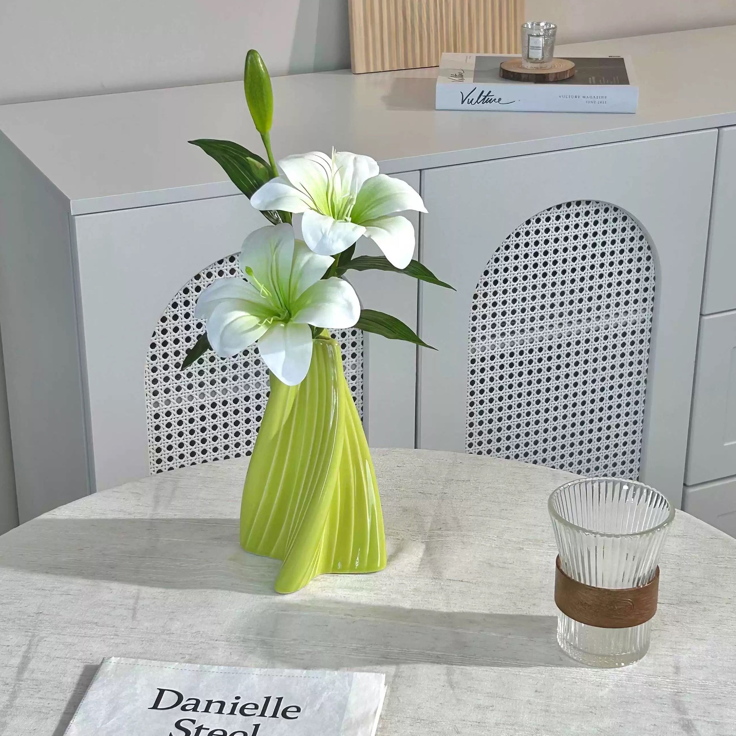 Artificial White Lily with Modern Green Vase – Elegant Home & Office Decor Gift