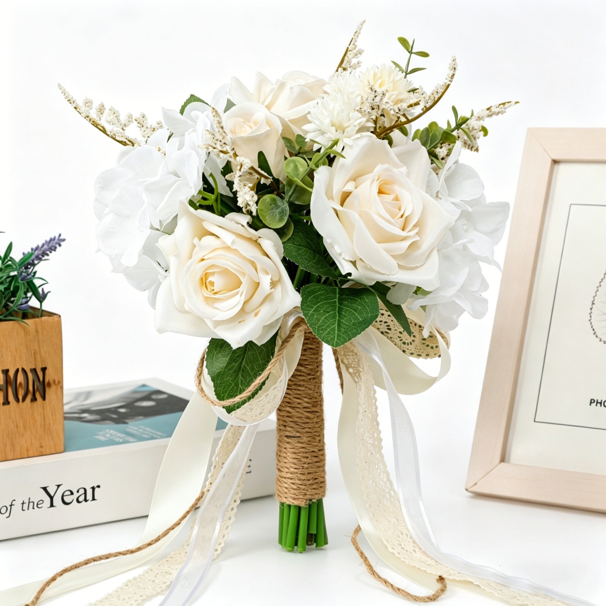 9.6"Artificial Bridal Bouquet, Ivory & Blush Pink Rose Wedding Flowers, Romantic Silk Flower Bouquet for Bride, Bridesmaid & Home Decor