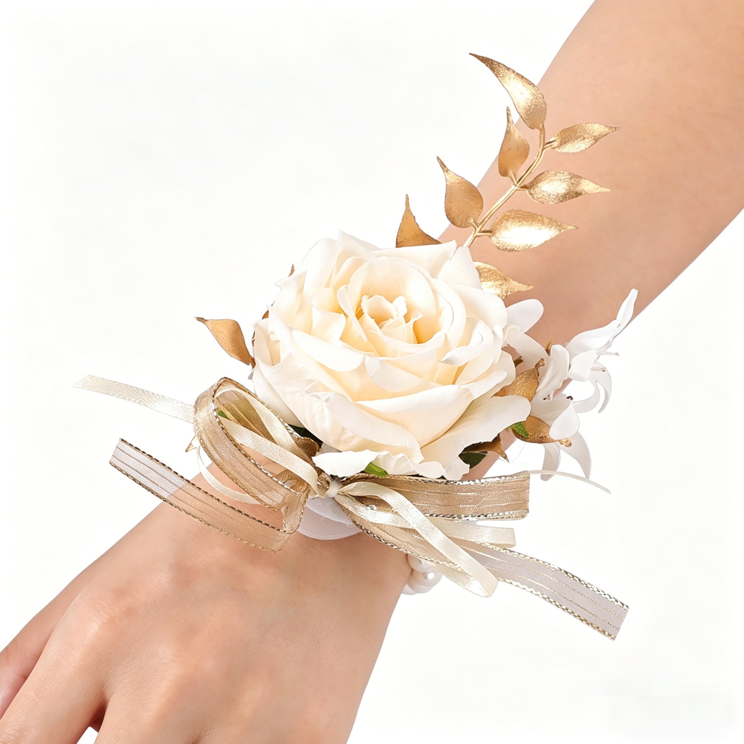 Elegant Ivory Rose Wrist Corsage Bracelet for Wedding – Pearl & Gold Leaf Floral Wrist Flower for Bride, Prom, Bridesmaid & Party Decoration
