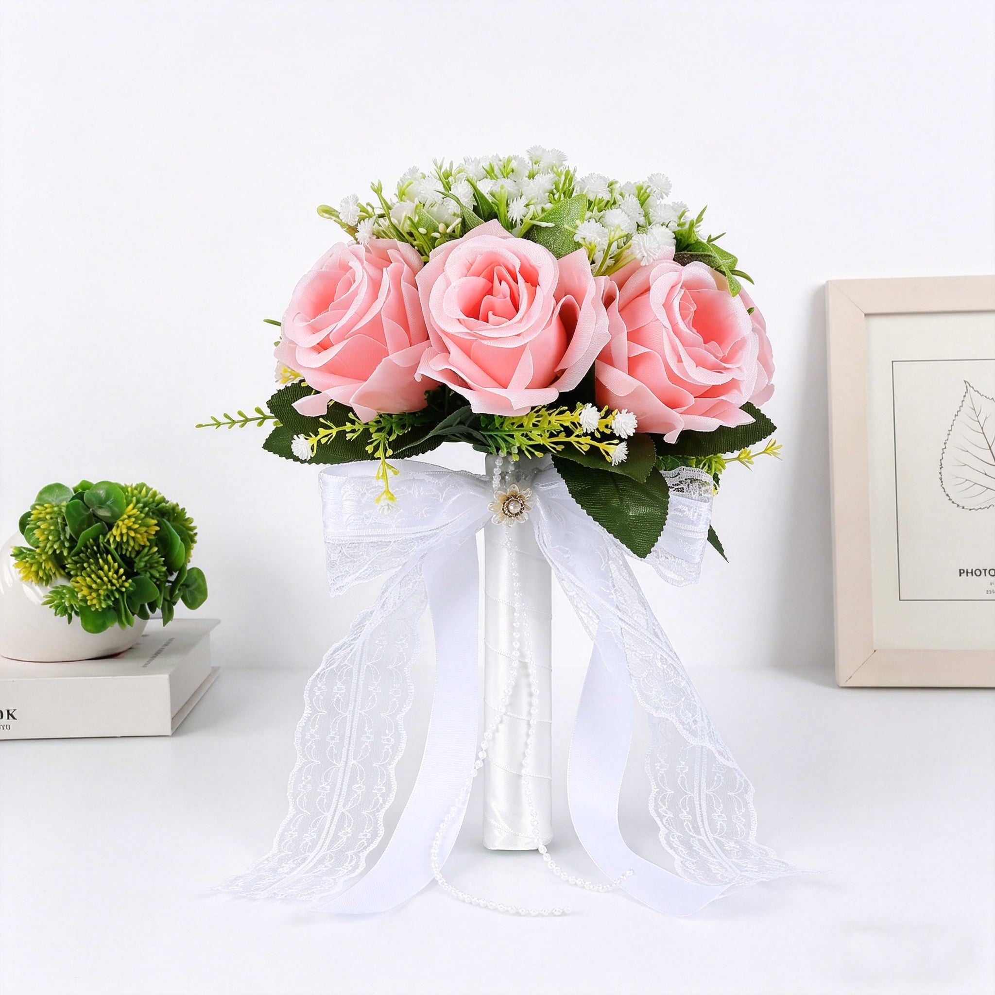 10.6" Artificial Rose Bridal Bouquet with Lace Ribbon & Pearl Handle – Wedding Bouquet for Bride, Ceremony & Photography