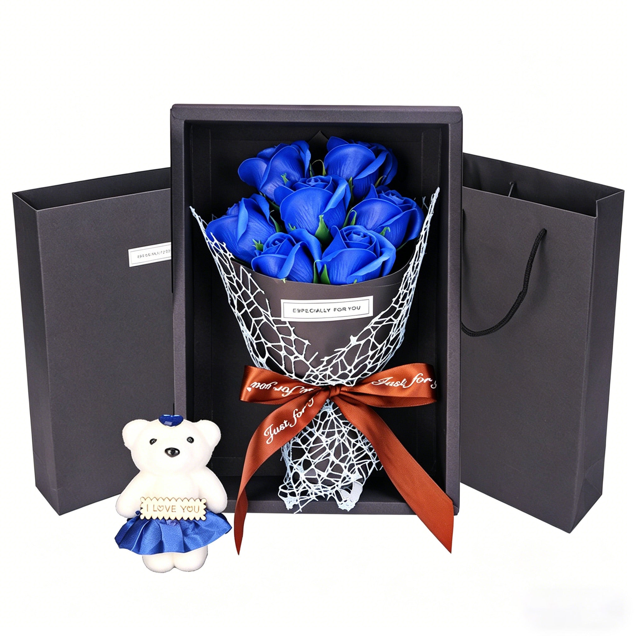 Artificial Rose Bouquet Gift Box with Cute Teddy Bear – Forever Fake Roses Flower for Valentine’s Day, Mother’s Day, Birthday, Anniversary, Home Decor
