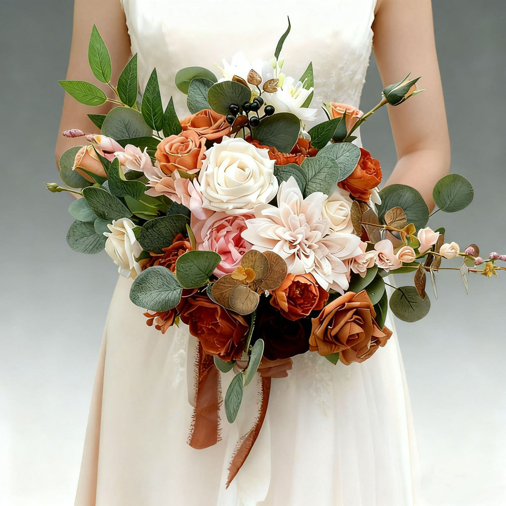 Bohemian Artificial Bridal Bouquet, Burnt Orange Rose & Dahlia, Wedding Faux Flowers