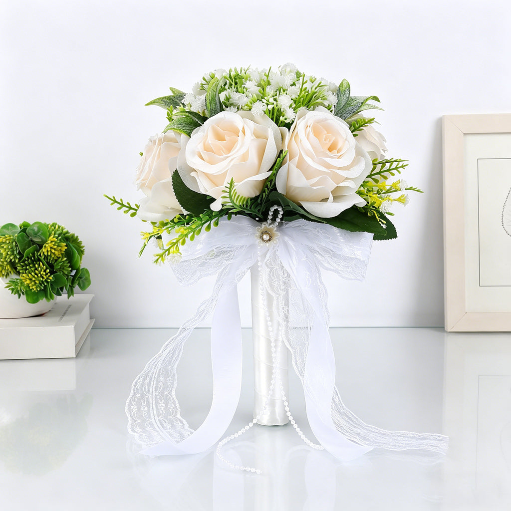 10.6" Artificial Rose Bridal Bouquet with Lace Ribbon & Pearl Handle – Wedding Bouquet for Bride, Ceremony & Photography