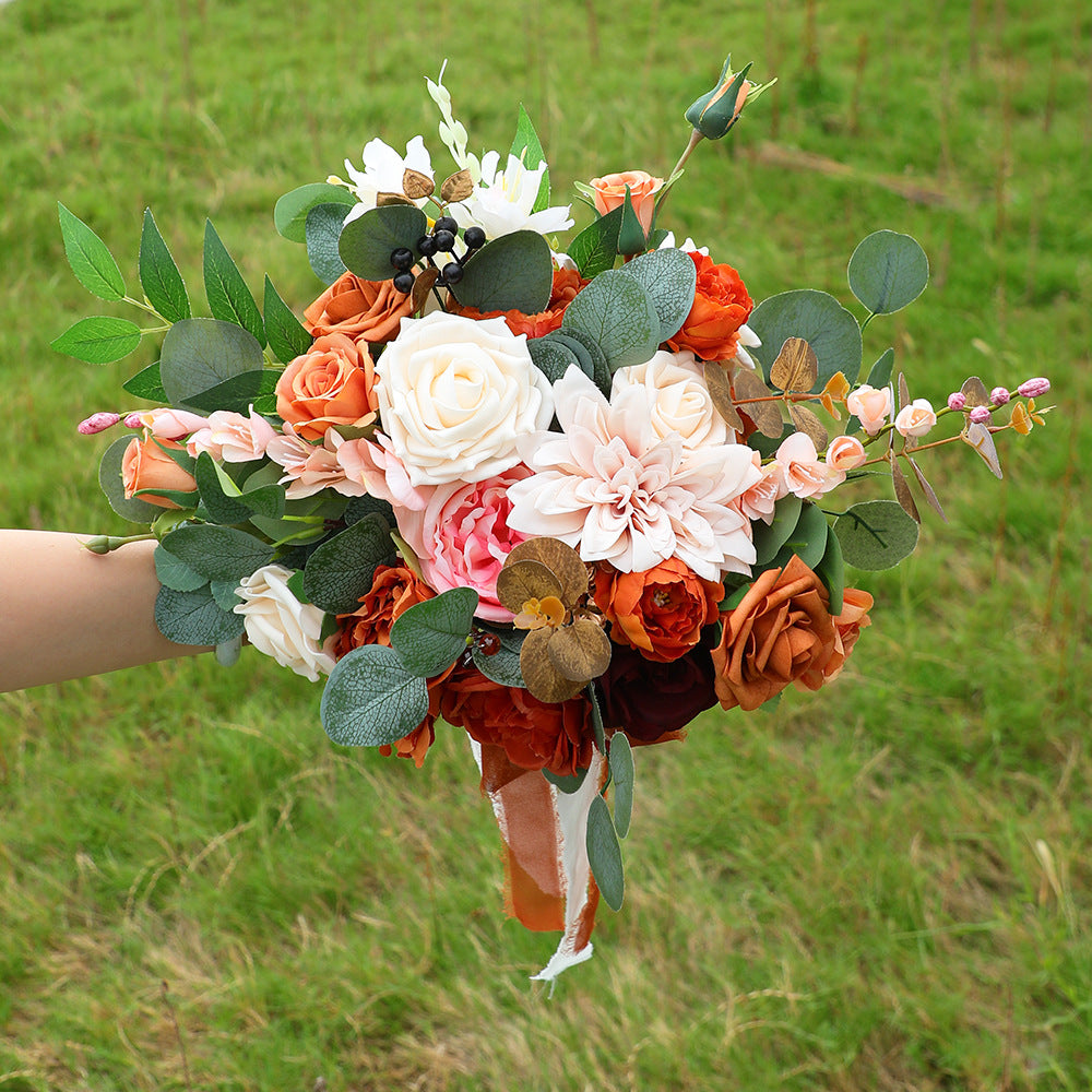 Bohemian Artificial Bridal Bouquet, Burnt Orange Rose & Dahlia, Wedding Faux Flowers