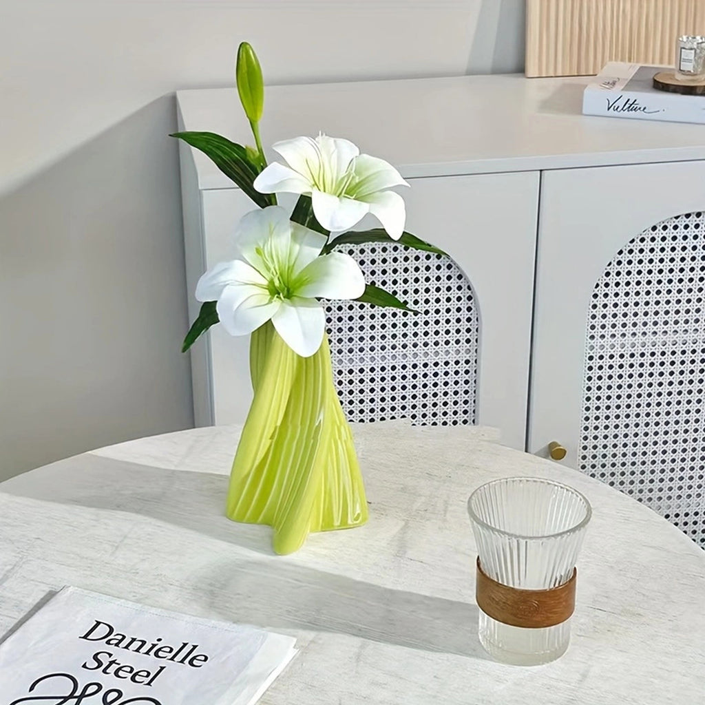Artificial White Lily with Modern Green Vase – Elegant Home & Office Decor Gift