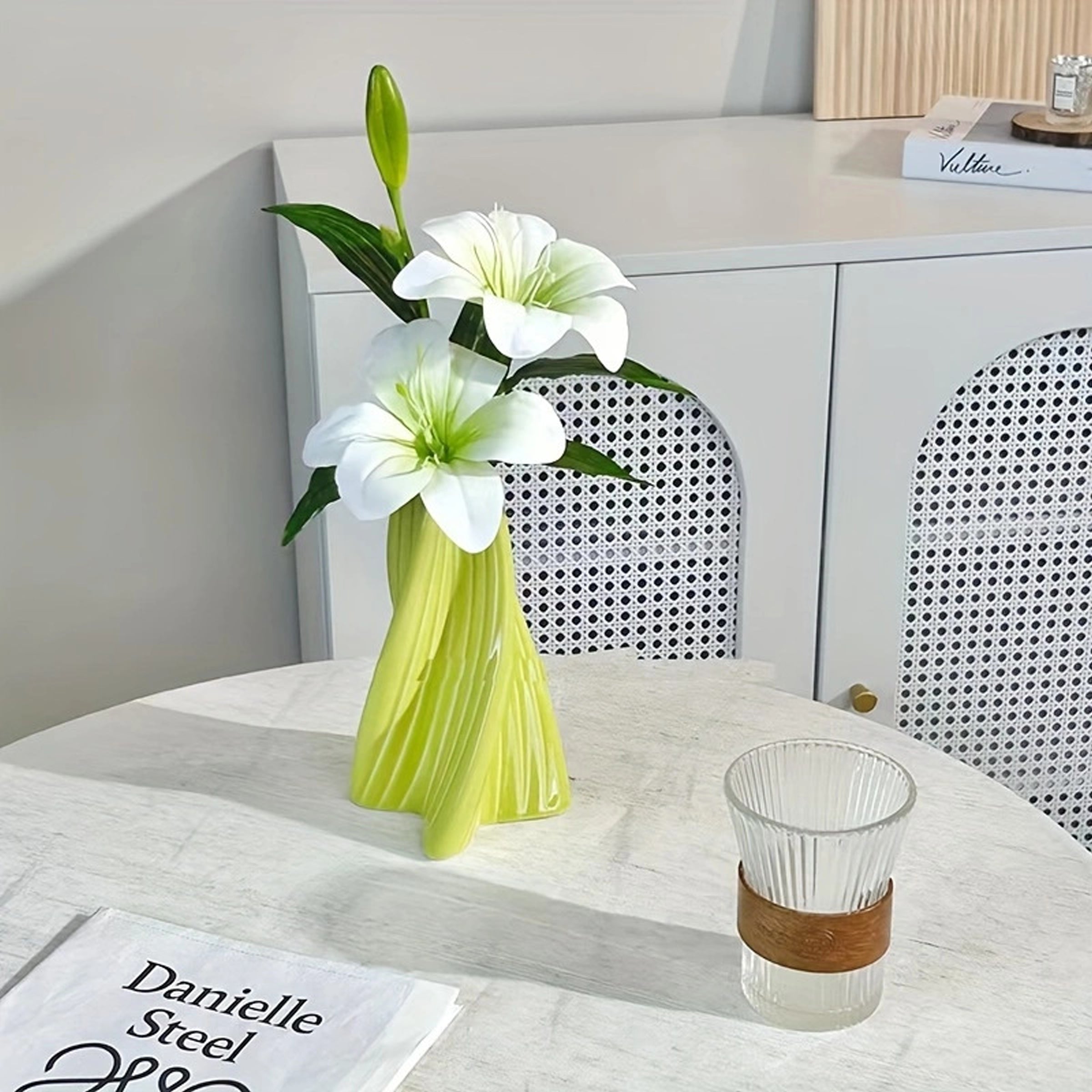 Artificial White Lily with Modern Green Vase – Elegant Home & Office Decor Gift