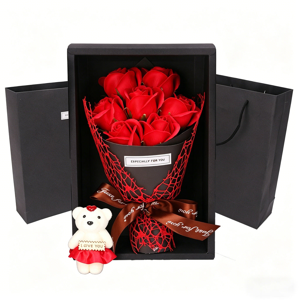 Artificial Rose Bouquet Gift Box with Cute Teddy Bear – Forever Fake Roses Flower for Valentine’s Day, Mother’s Day, Birthday, Anniversary, Home Decor