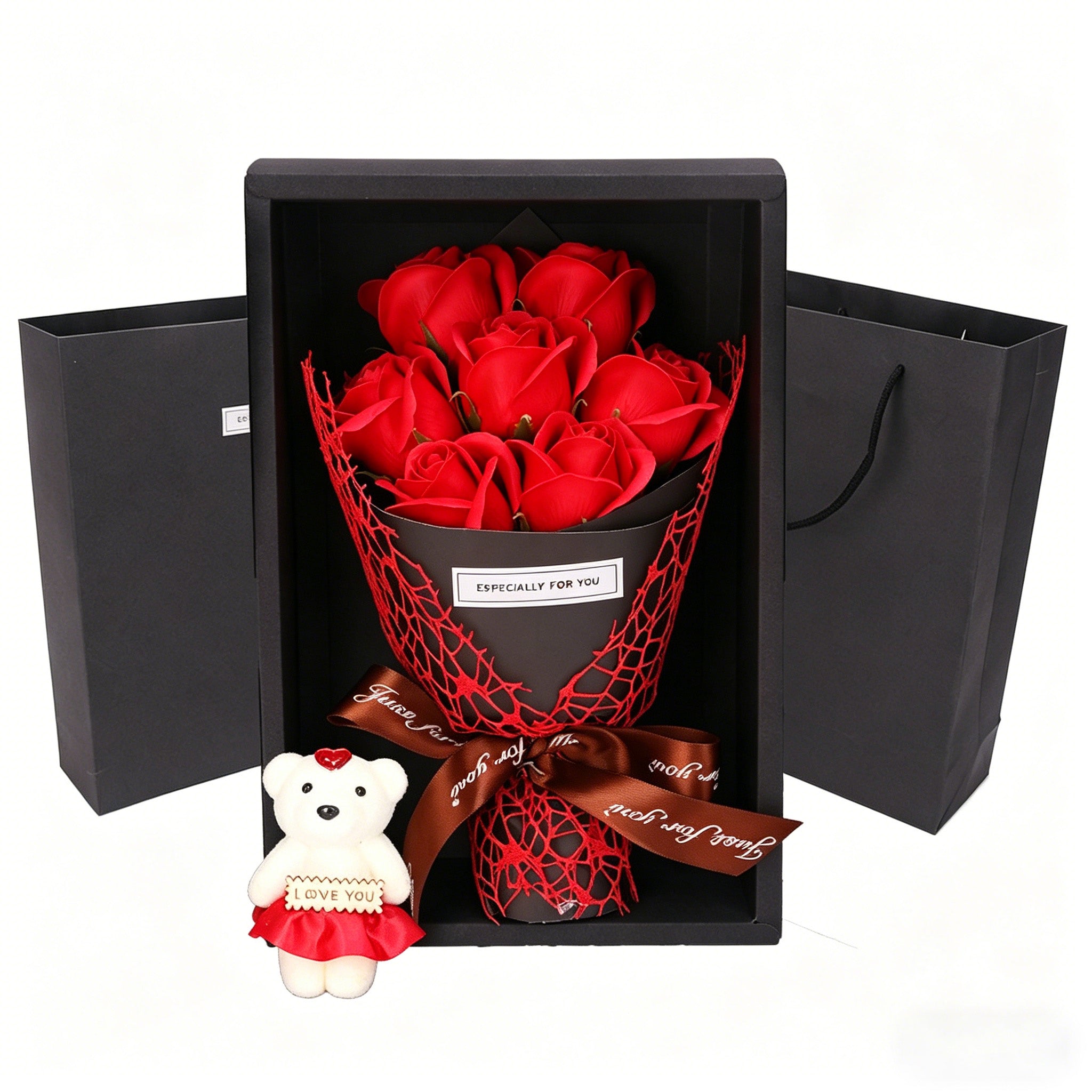 Artificial Rose Bouquet Gift Box with Cute Teddy Bear – Forever Fake Roses Flower for Valentine’s Day, Mother’s Day, Birthday, Anniversary, Home Decor