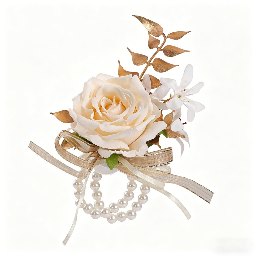 Elegant Ivory Rose Wrist Corsage Bracelet for Wedding – Pearl & Gold Leaf Floral Wrist Flower for Bride, Prom, Bridesmaid & Party Decoration