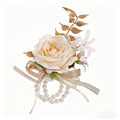 Elegant Ivory Rose Wrist Corsage Bracelet for Wedding – Pearl & Gold Leaf Floral Wrist Flower for Bride, Prom, Bridesmaid & Party Decoration
