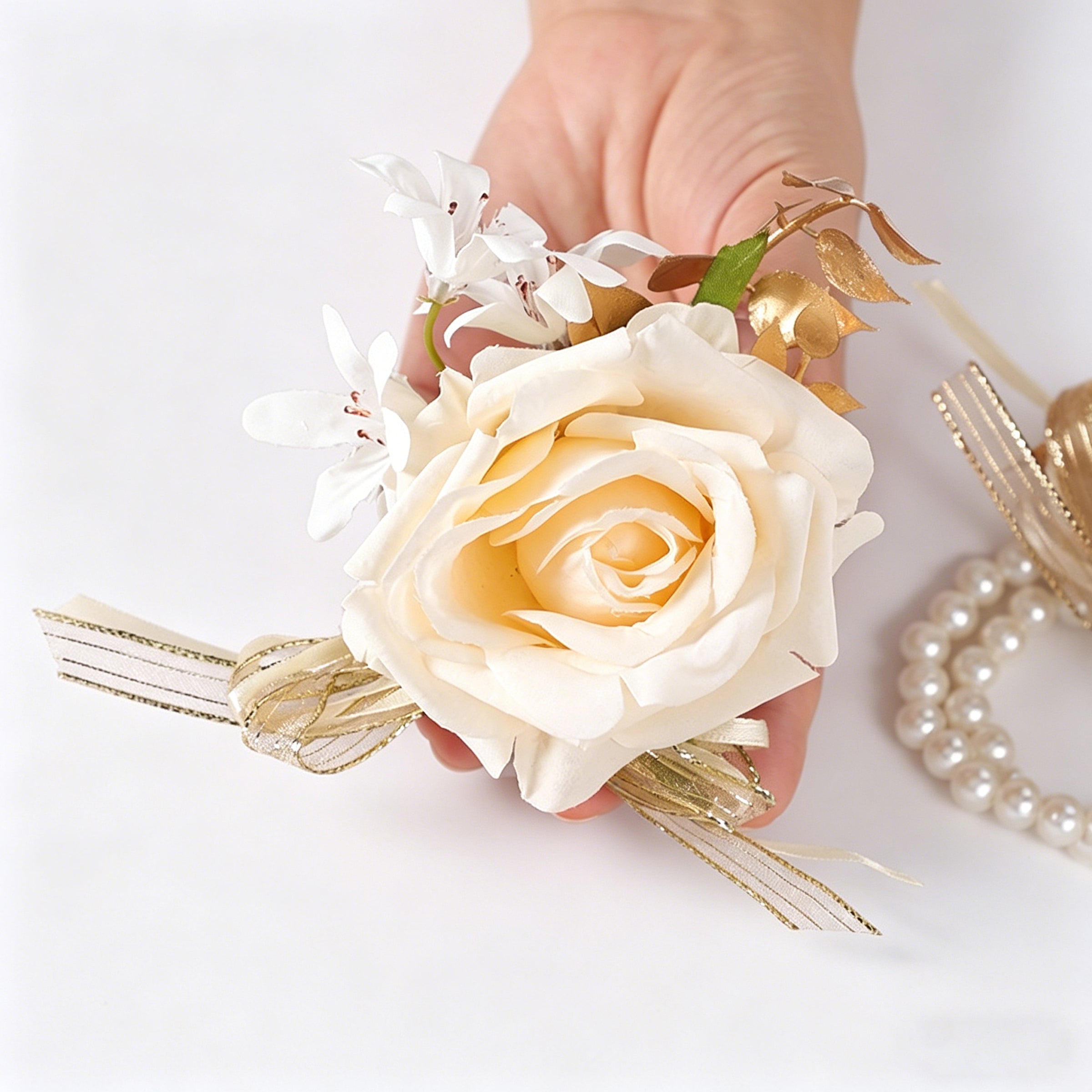 Elegant Ivory Rose Wrist Corsage Bracelet for Wedding – Pearl & Gold Leaf Floral Wrist Flower for Bride, Prom, Bridesmaid & Party Decoration