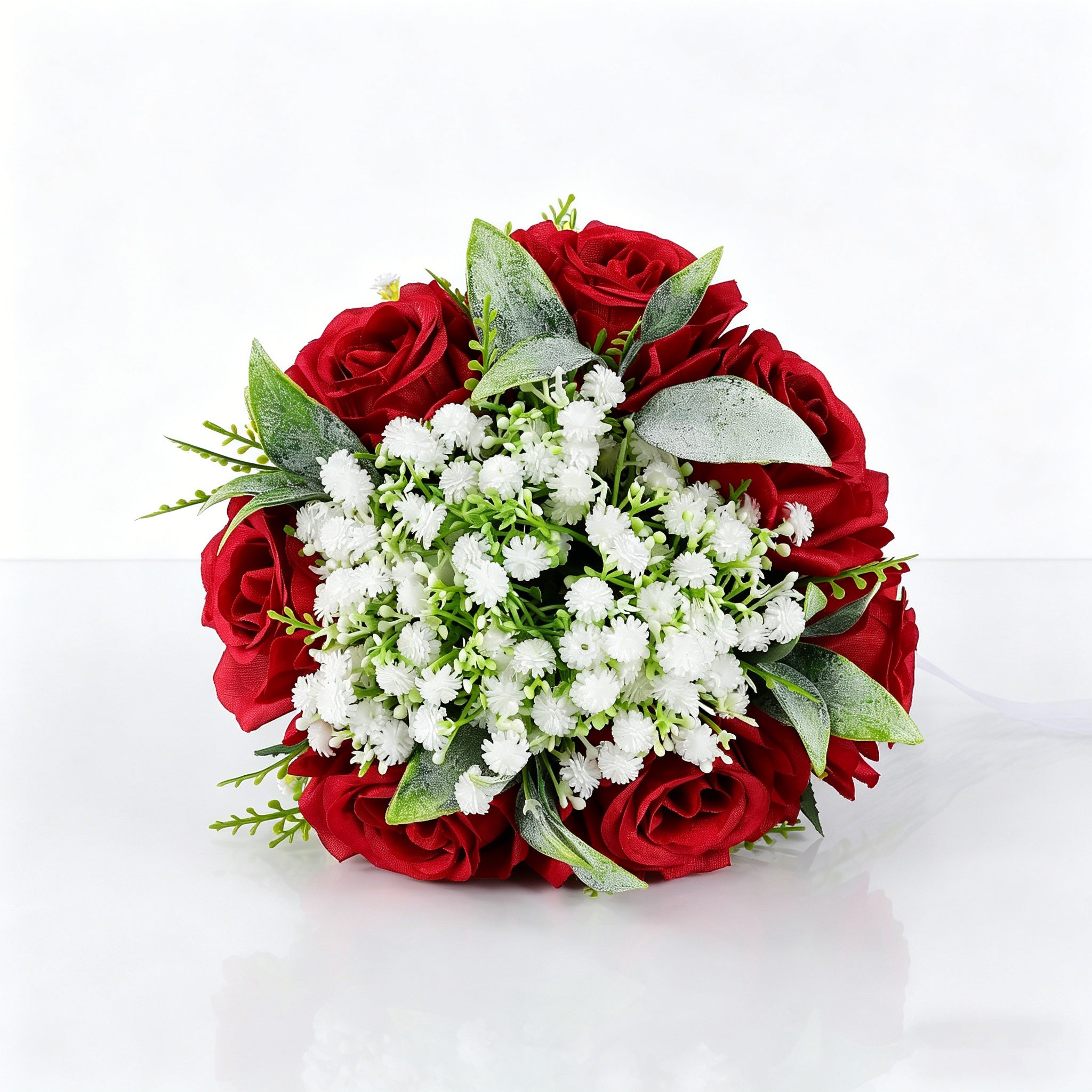 10.6" Artificial Rose Bridal Bouquet with Lace Ribbon & Pearl Handle – Wedding Bouquet for Bride, Ceremony & Photography