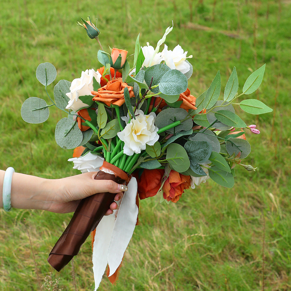 Bohemian Artificial Bridal Bouquet, Burnt Orange Rose & Dahlia, Wedding Faux Flowers