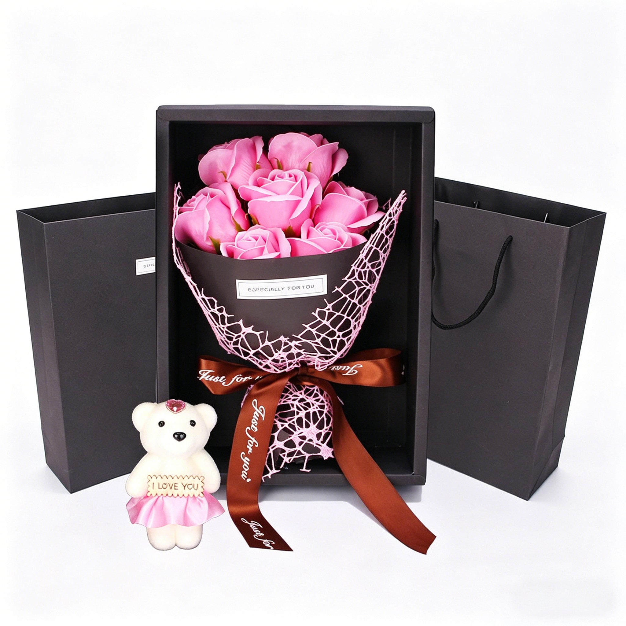 Artificial Rose Bouquet Gift Box with Cute Teddy Bear – Forever Fake Roses Flower for Valentine’s Day, Mother’s Day, Birthday, Anniversary, Home Decor
