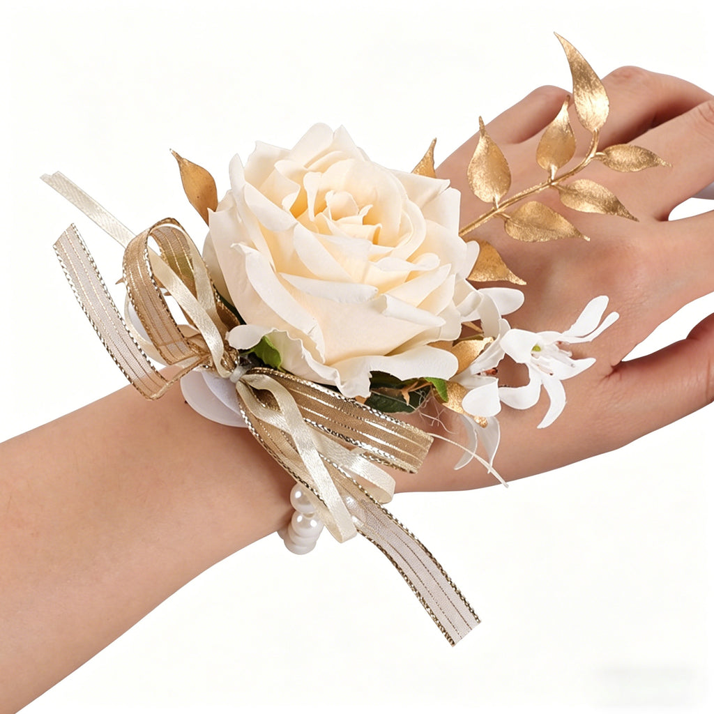 Elegant Ivory Rose Wrist Corsage Bracelet for Wedding – Pearl & Gold Leaf Floral Wrist Flower for Bride, Prom, Bridesmaid & Party Decoration