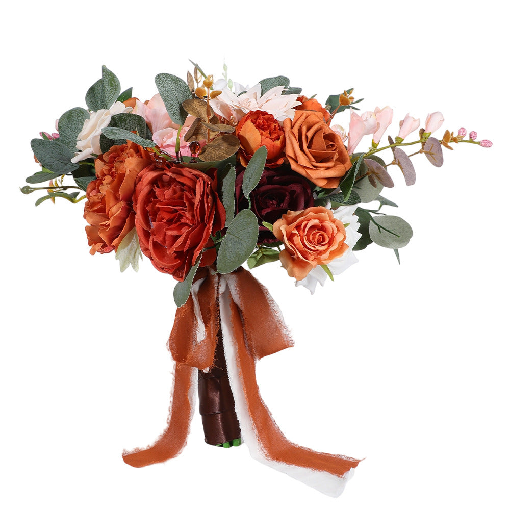 Bohemian Artificial Bridal Bouquet, Burnt Orange Rose & Dahlia, Wedding Faux Flowers