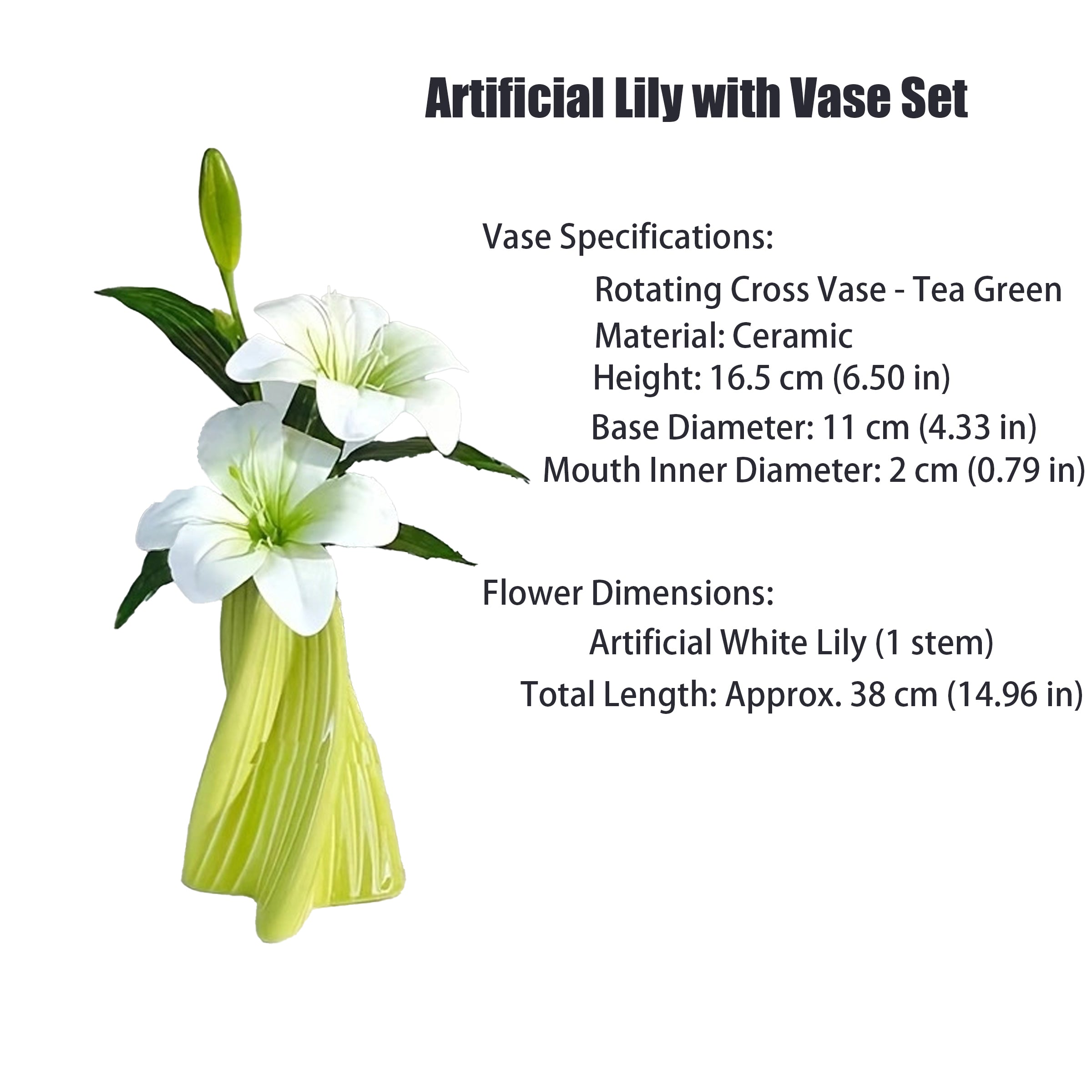 Artificial White Lily with Modern Green Vase – Elegant Home & Office Decor Gift