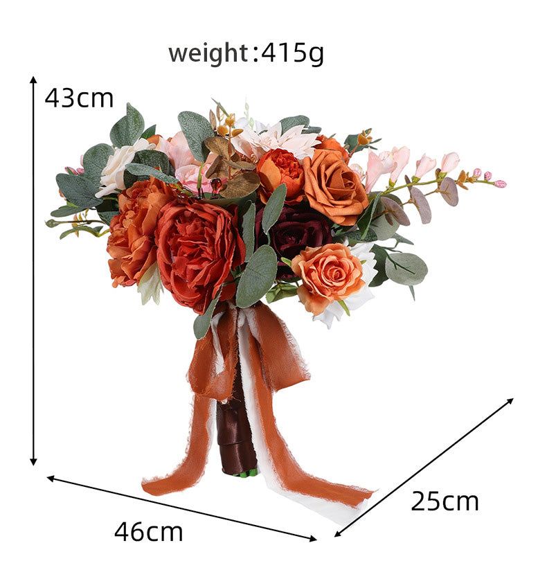 Bohemian Artificial Bridal Bouquet, Burnt Orange Rose & Dahlia, Wedding Faux Flowers