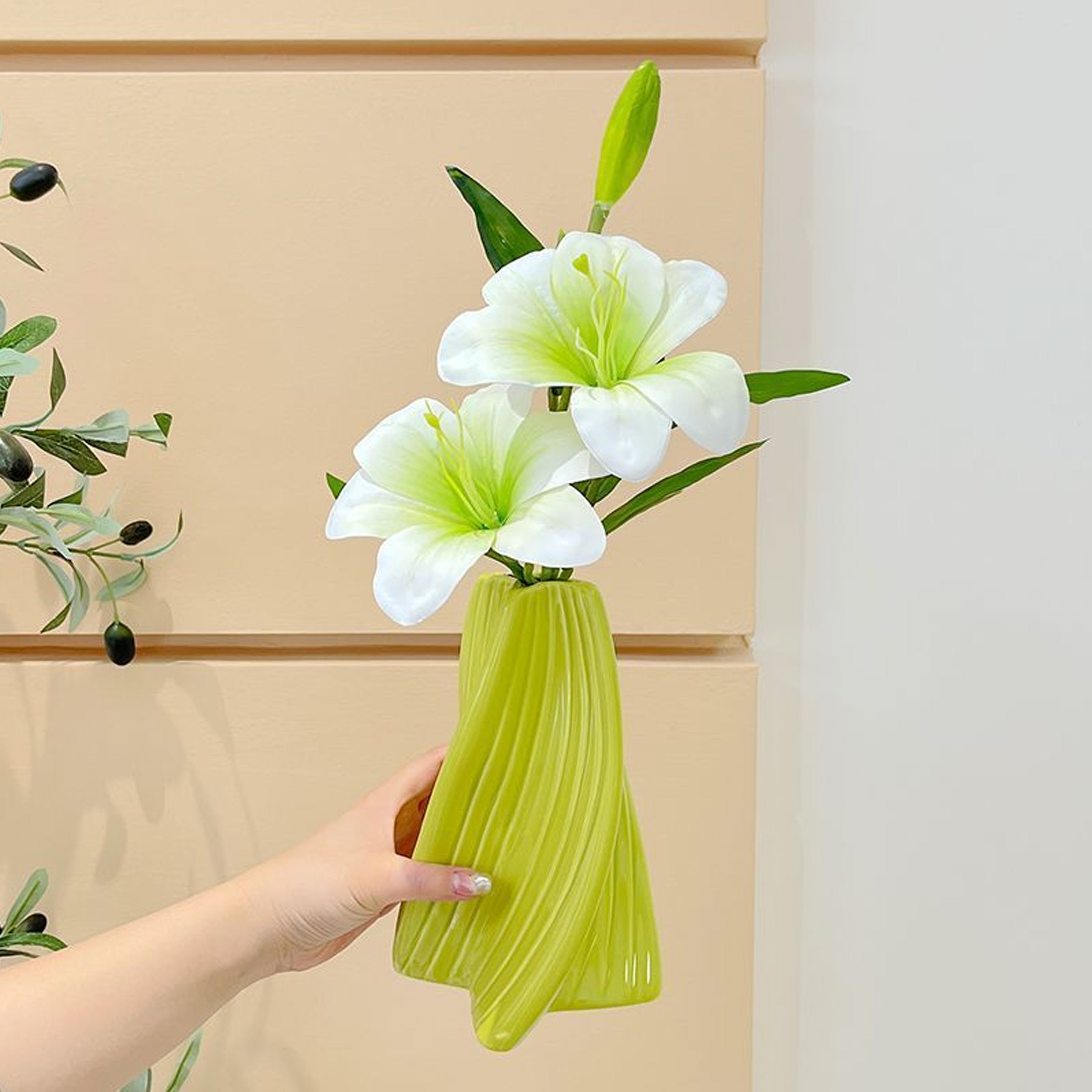 Artificial White Lily with Modern Green Vase – Elegant Home & Office Decor Gift