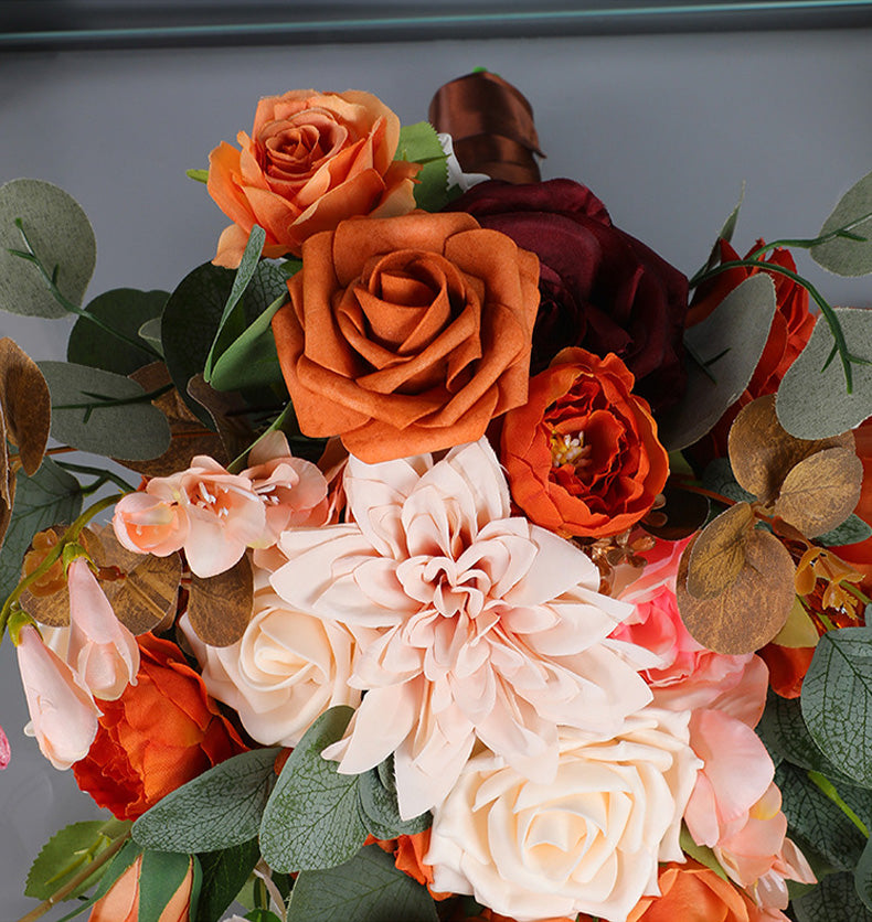 Bohemian Artificial Bridal Bouquet, Burnt Orange Rose & Dahlia, Wedding Faux Flowers