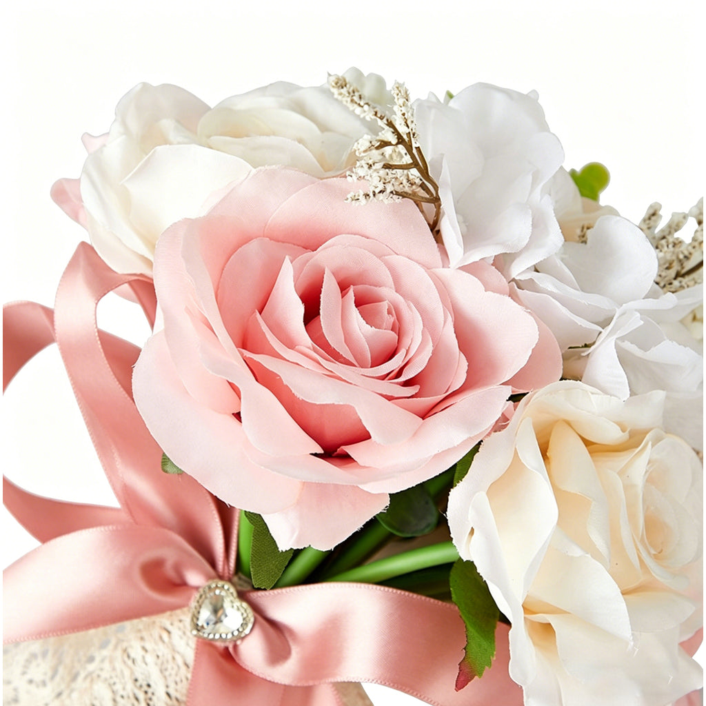 9.6"Artificial Bridal Bouquet, Ivory & Blush Pink Rose Wedding Flowers, Romantic Silk Flower Bouquet for Bride, Bridesmaid & Home Decor