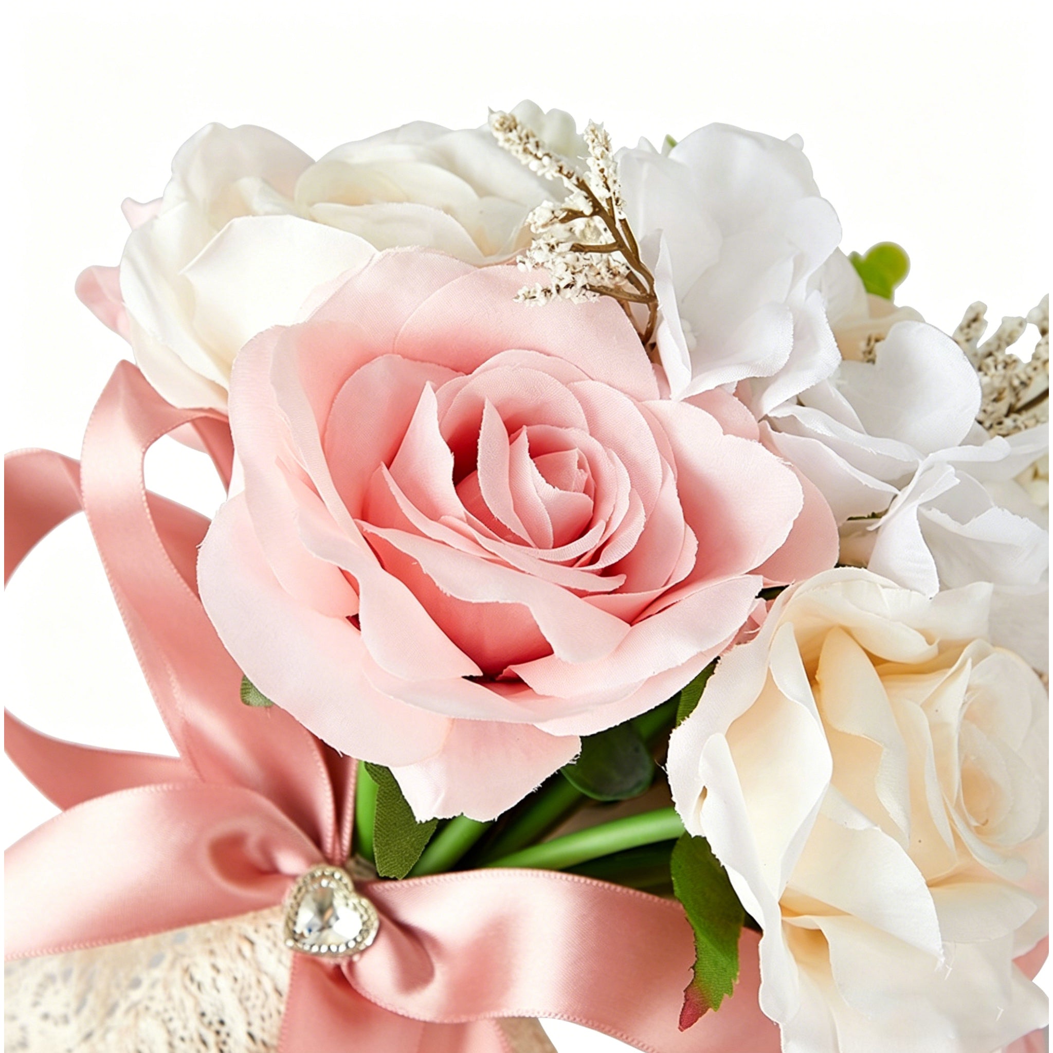 9.6"Artificial Bridal Bouquet, Ivory & Blush Pink Rose Wedding Flowers, Romantic Silk Flower Bouquet for Bride, Bridesmaid & Home Decor
