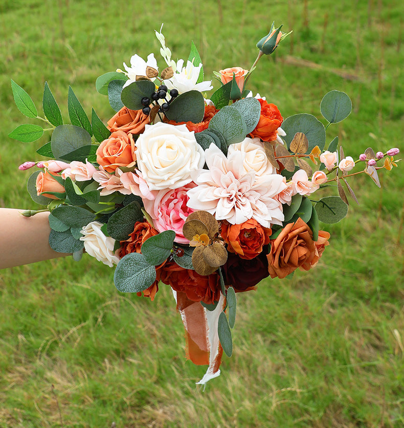 Bohemian Artificial Bridal Bouquet, Burnt Orange Rose & Dahlia, Wedding Faux Flowers