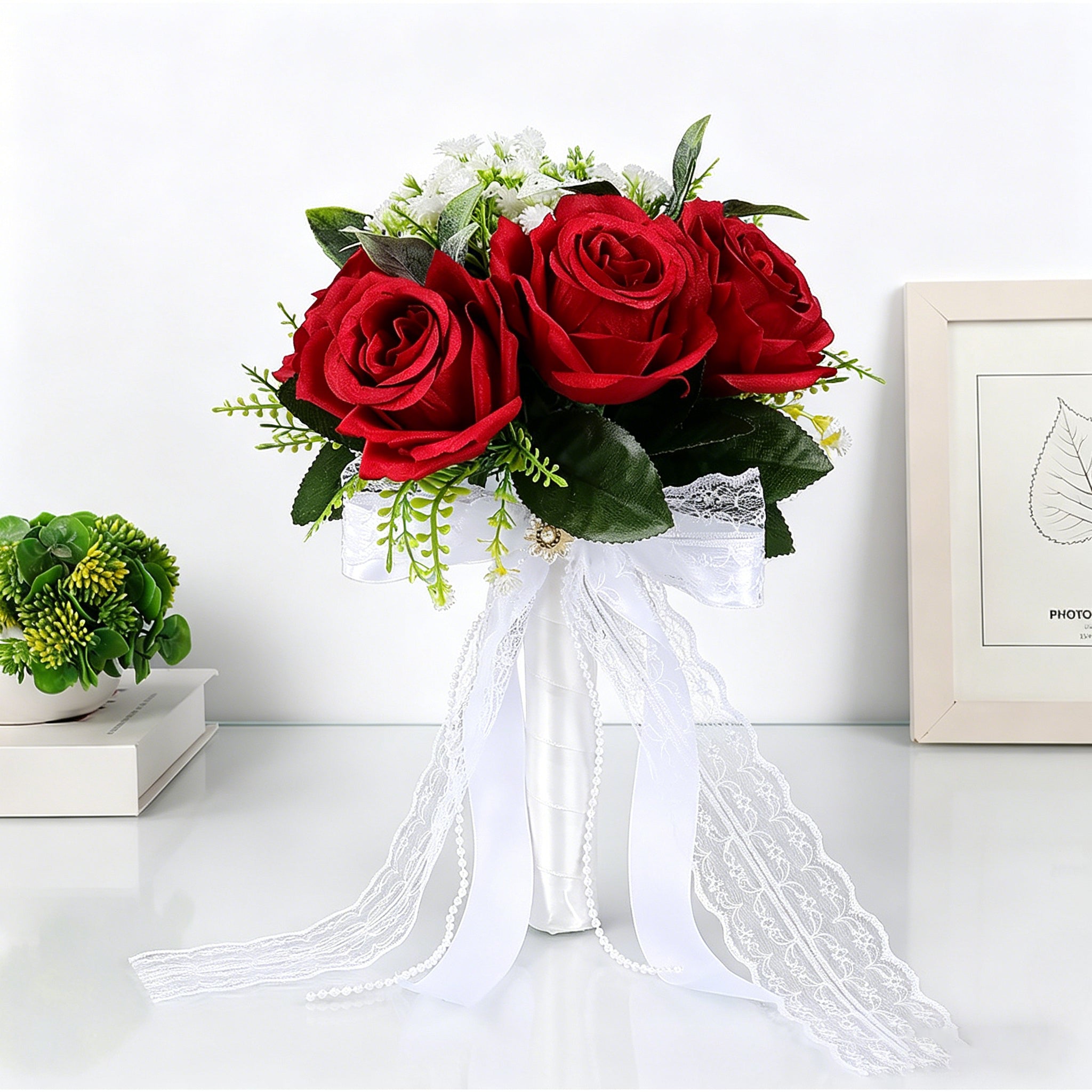 10.6" Artificial Rose Bridal Bouquet with Lace Ribbon & Pearl Handle – Wedding Bouquet for Bride, Ceremony & Photography