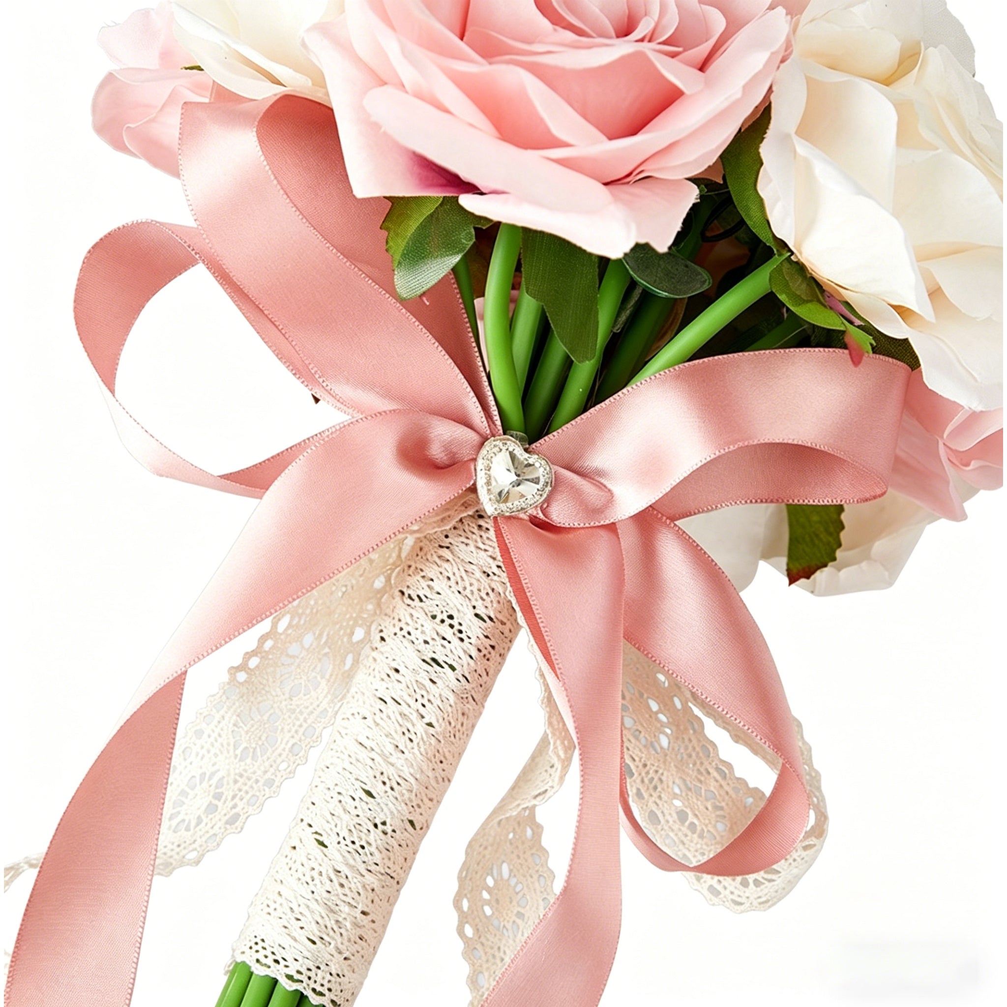 9.6"Artificial Bridal Bouquet, Ivory & Blush Pink Rose Wedding Flowers, Romantic Silk Flower Bouquet for Bride, Bridesmaid & Home Decor