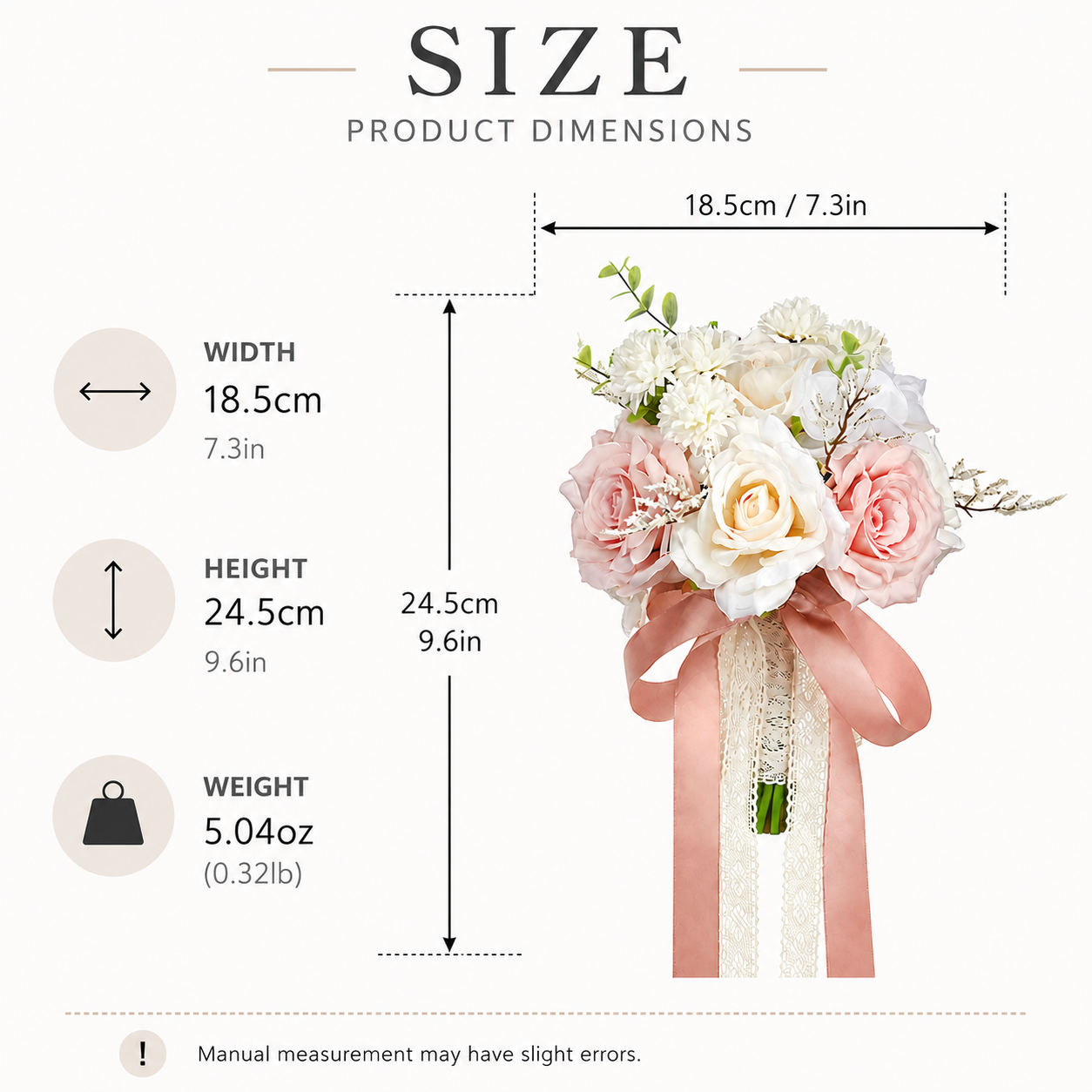 9.6"Artificial Bridal Bouquet, Ivory & Blush Pink Rose Wedding Flowers, Romantic Silk Flower Bouquet for Bride, Bridesmaid & Home Decor