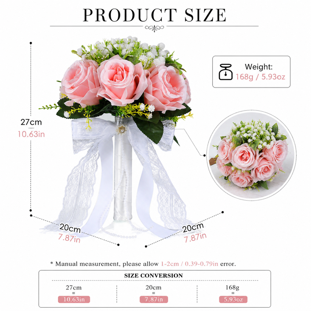 10.6" Artificial Rose Bridal Bouquet with Lace Ribbon & Pearl Handle – Wedding Bouquet for Bride, Ceremony & Photography